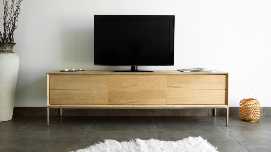 Meuble TV en chêne massif 2 tiroirs 1 porte rabattable - KUBICO