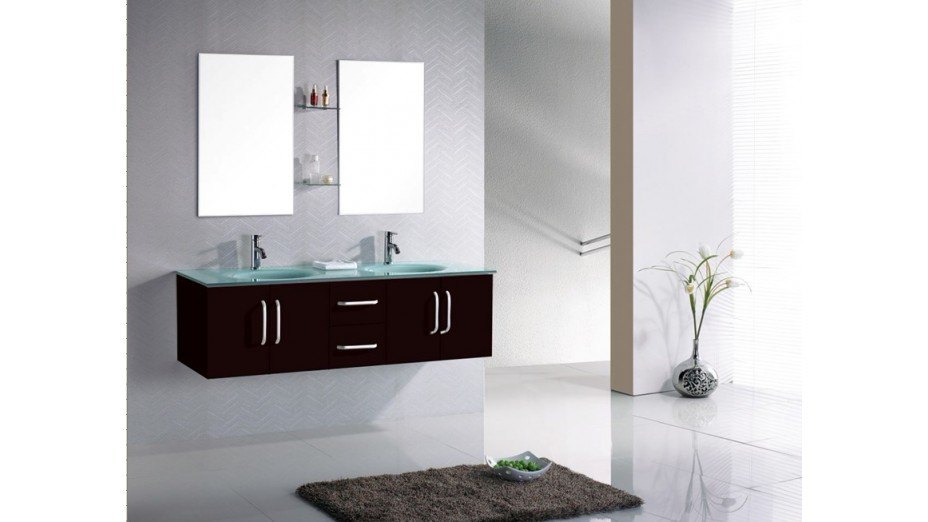 Meuble salle de bain suspendu wengé double vasque en verre trempé Meuble salle de bain