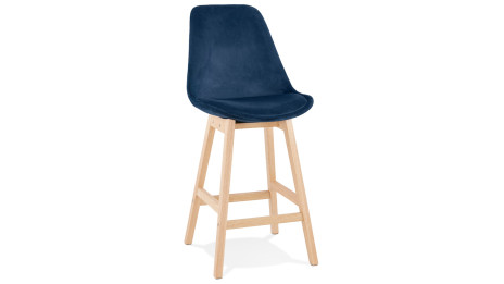 Tabouret snack Mi-hauteur velours bleu pied bois naturel - Manon