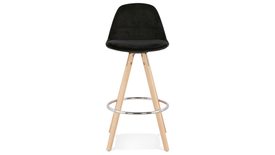 Tabouret snack Mi-hauteur velours noir pieds bois naturel - Gabin