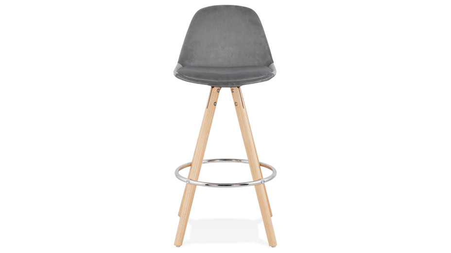 Tabouret snack Mi-hauteur velours gris pieds bois naturel - Gabin