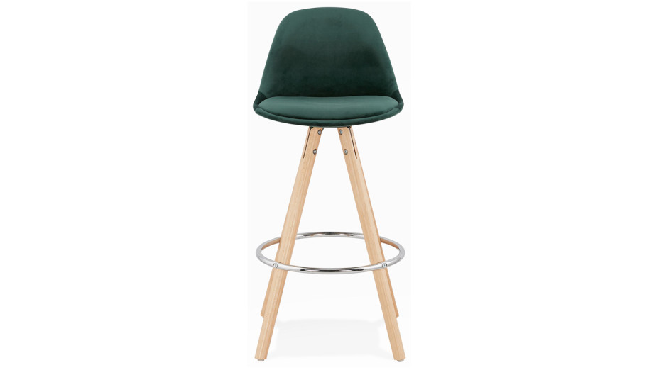 Tabouret snack Mi-hauteur velours vert pieds bois naturel - Gabin