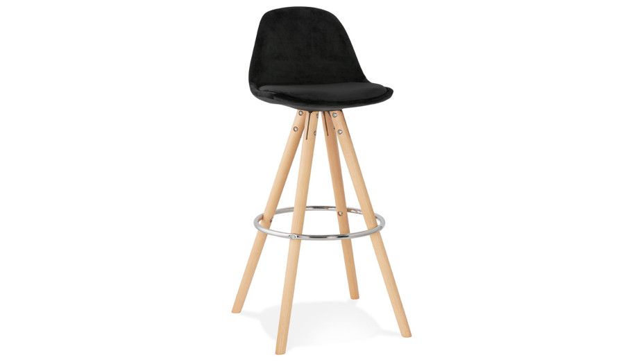 Tabouret de Bar design velours noir pieds bois naturel - Gabin