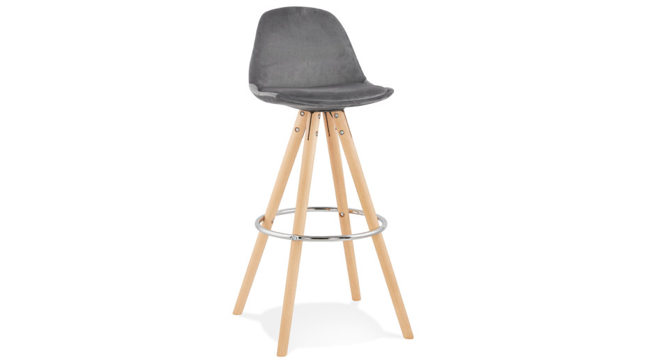 Tabouret de Bar design velours gris pieds bois naturel - Gabin