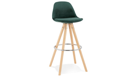 Tabouret de Bar design velours vert pieds bois naturel - Gabin