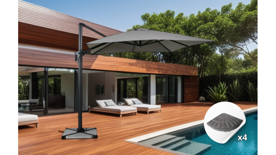 Parasol déporté 2,5 x 2,5 gris foncé Tom + dalles en ciment