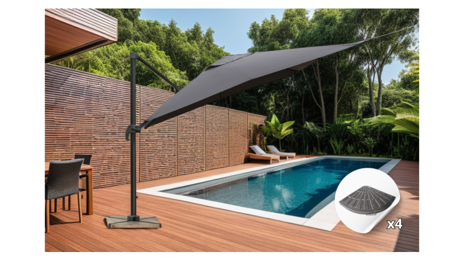 Parasol déporté 3 x 3 gris foncé Jerry + dalles en ciment